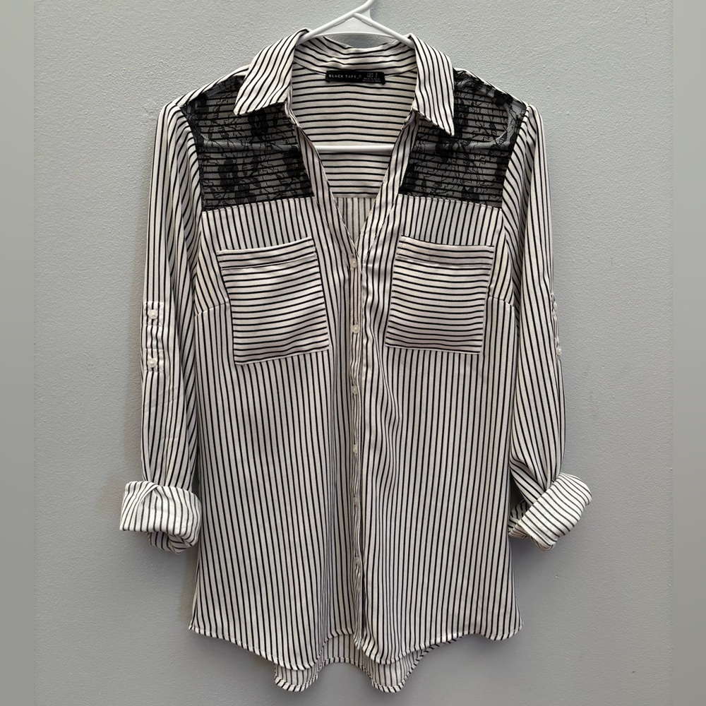 Black Tape by Dex Black and White Striped Blouse with Lace Accents